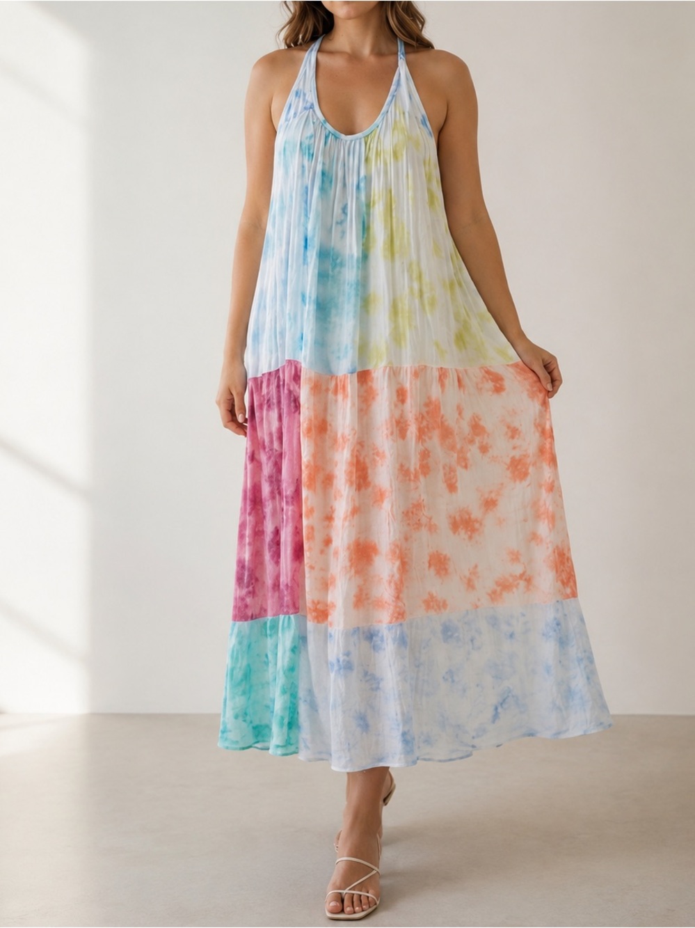 Hache Multicolor Silk Halter Maxi Dress Watercolor Boho Luxe